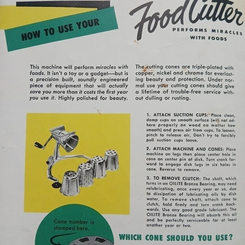 Vintage 1955 Pamphlet Instructions for using your Miracle Food Cutter Cone Model